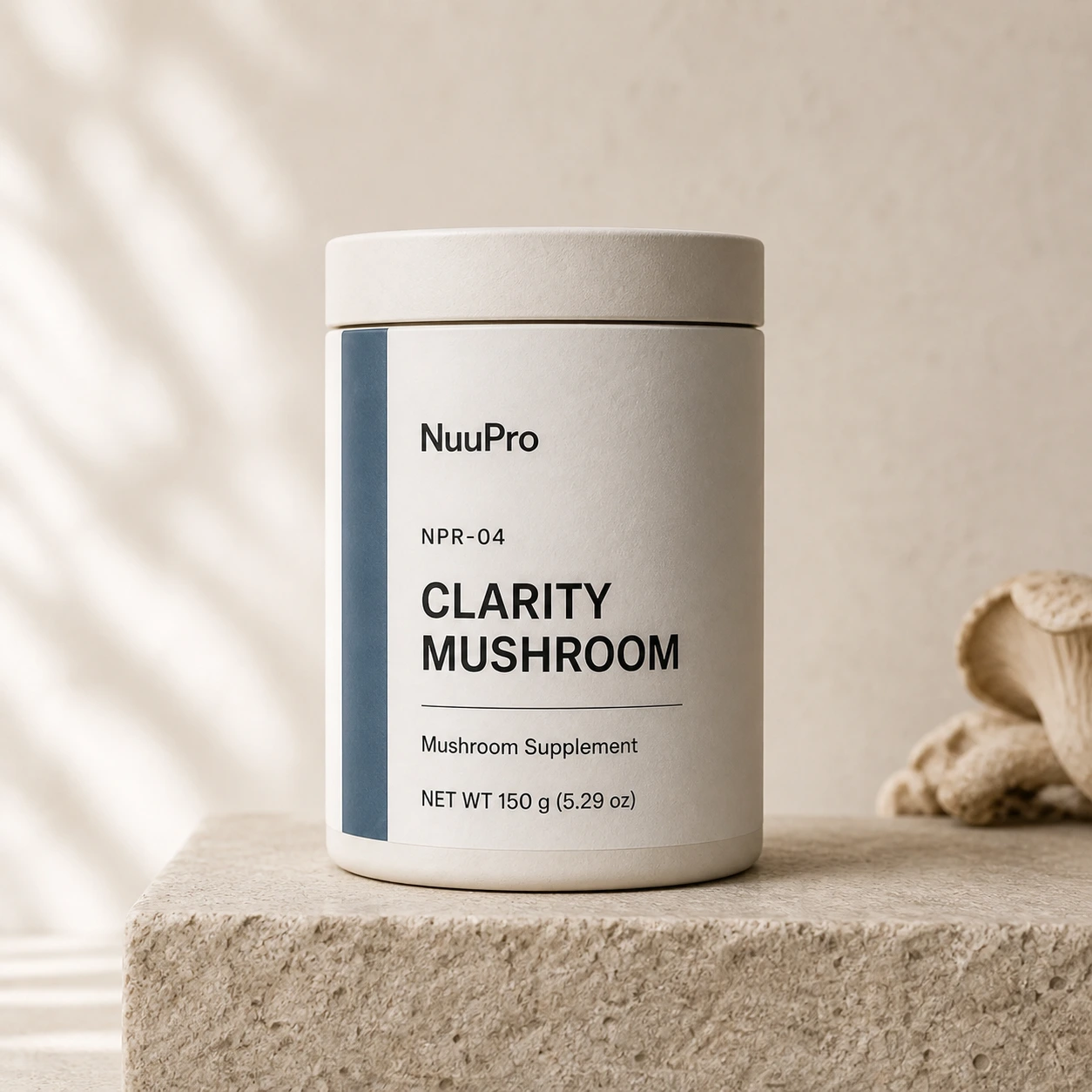 Front packshot of NuuPro Clarity Mushroom powder, NPR-04.