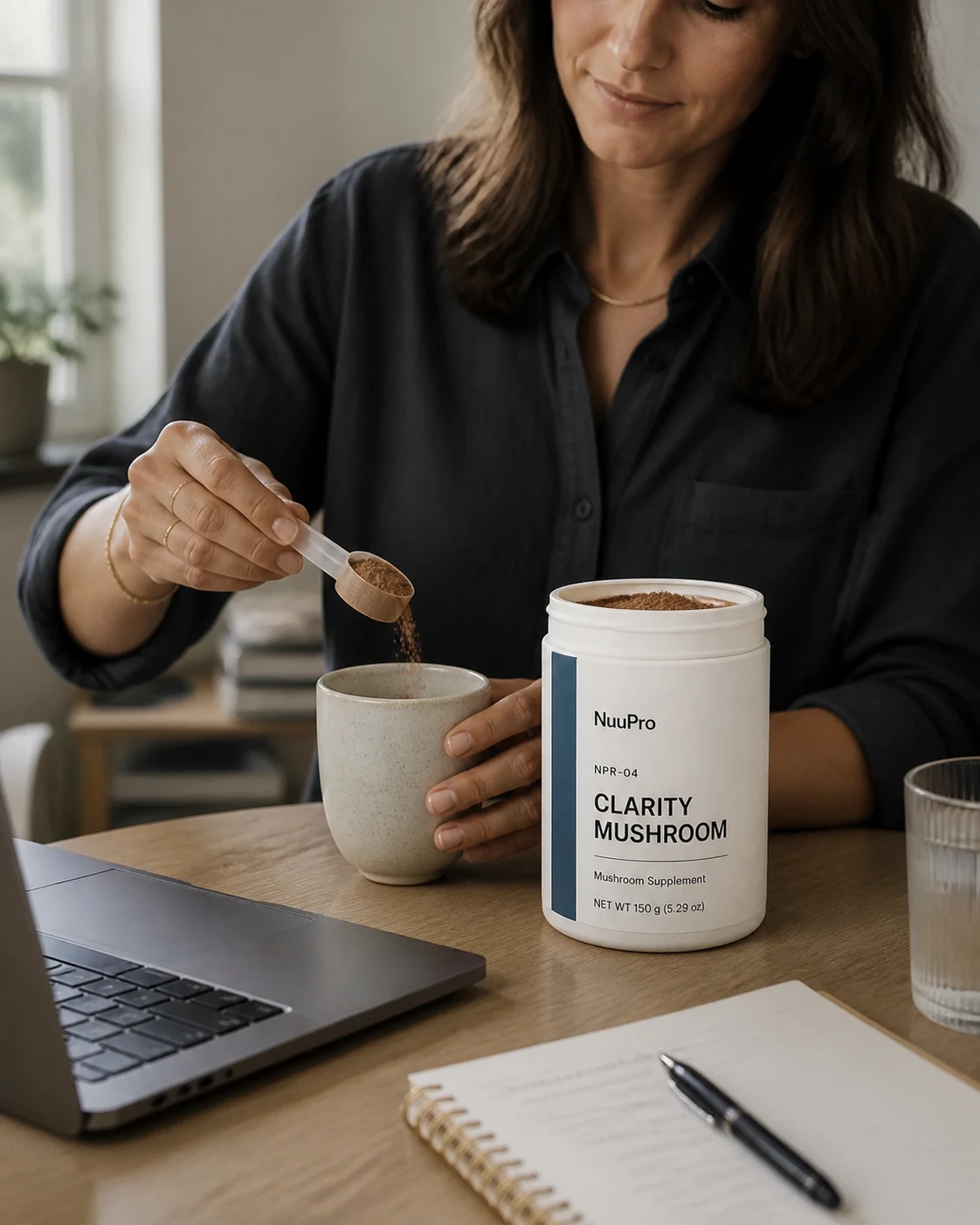 A customer scooping NuuPro Clarity Mushroom powder into a cup at her desk.