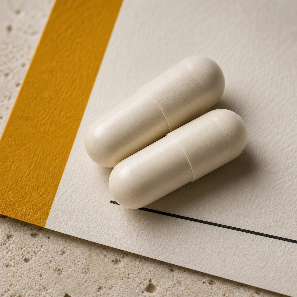 Macro view of two opaque Digest Reset capsules on textured label stock.