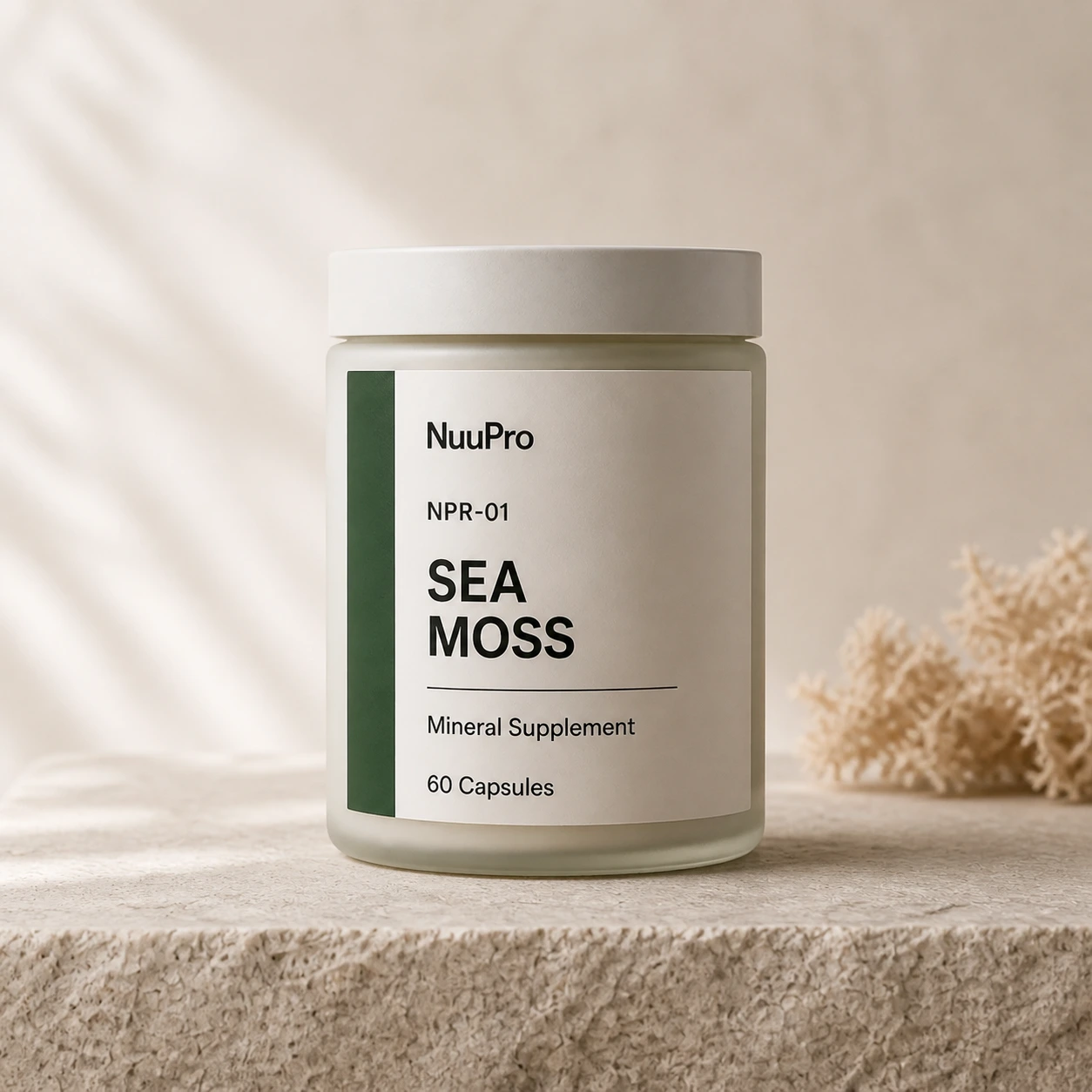 Front packshot of NuuPro Sea Moss capsules, NPR-01.