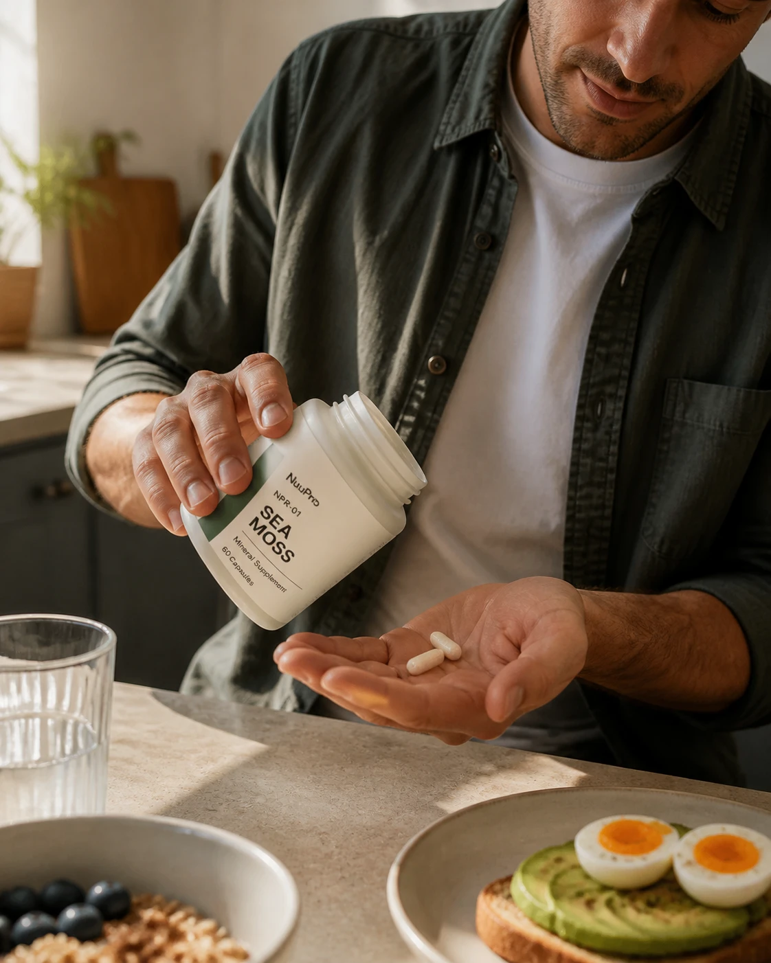 A customer tipping two NuuPro Sea Moss capsules into his palm beside breakfast.