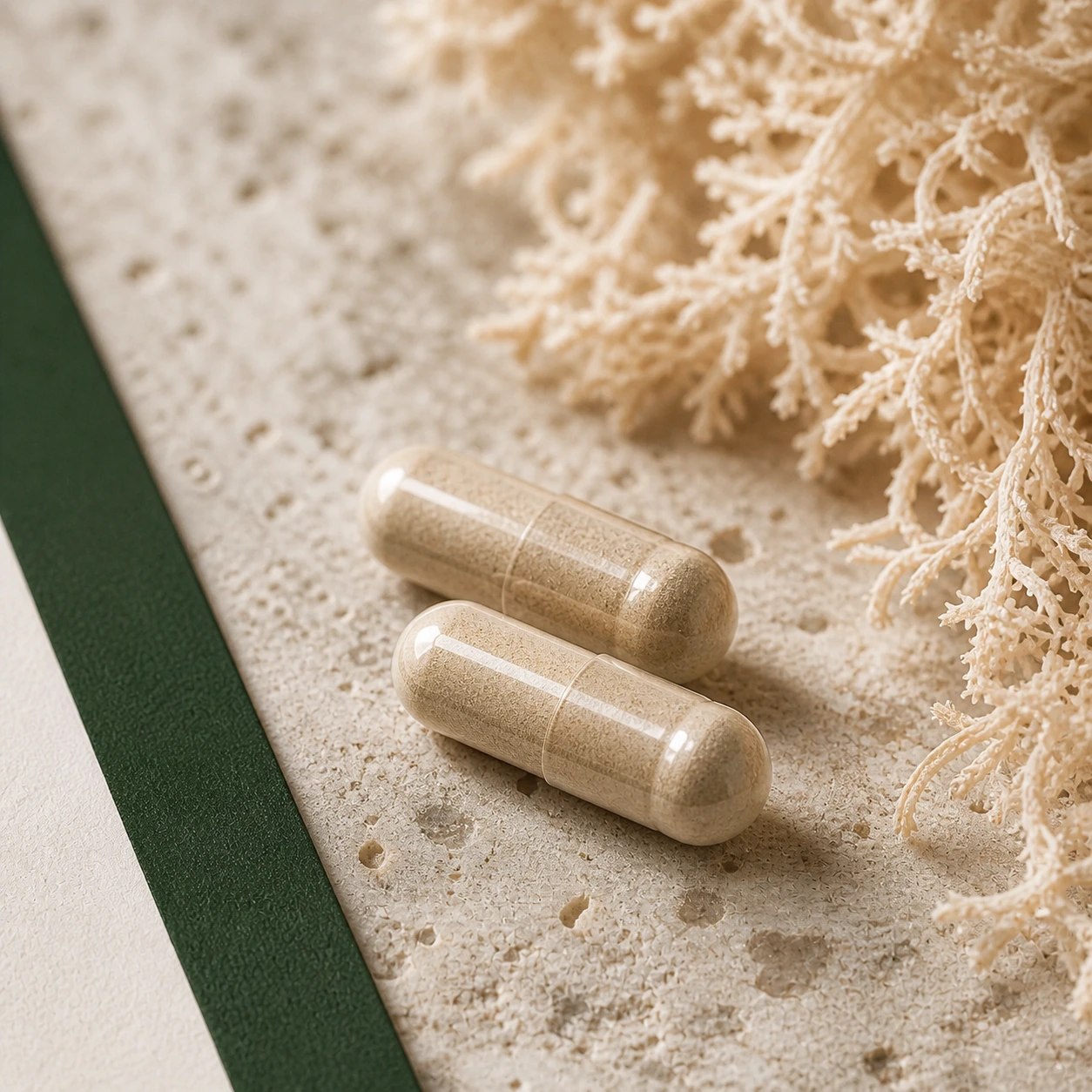 Macro view of two Sea Moss capsules beside dried sea moss on limestone.