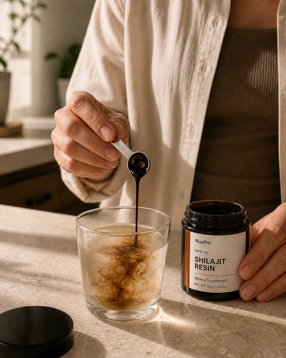 Shilajit resin forming amber trails in warm water.