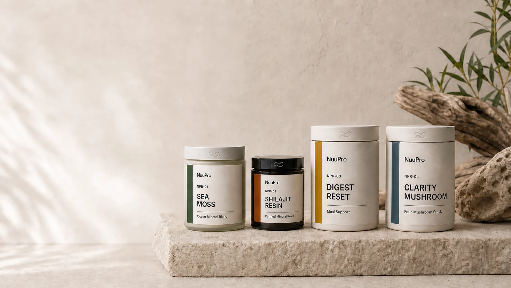 Four labeled NuuPro products arranged as one color-coded daily wellness system.
